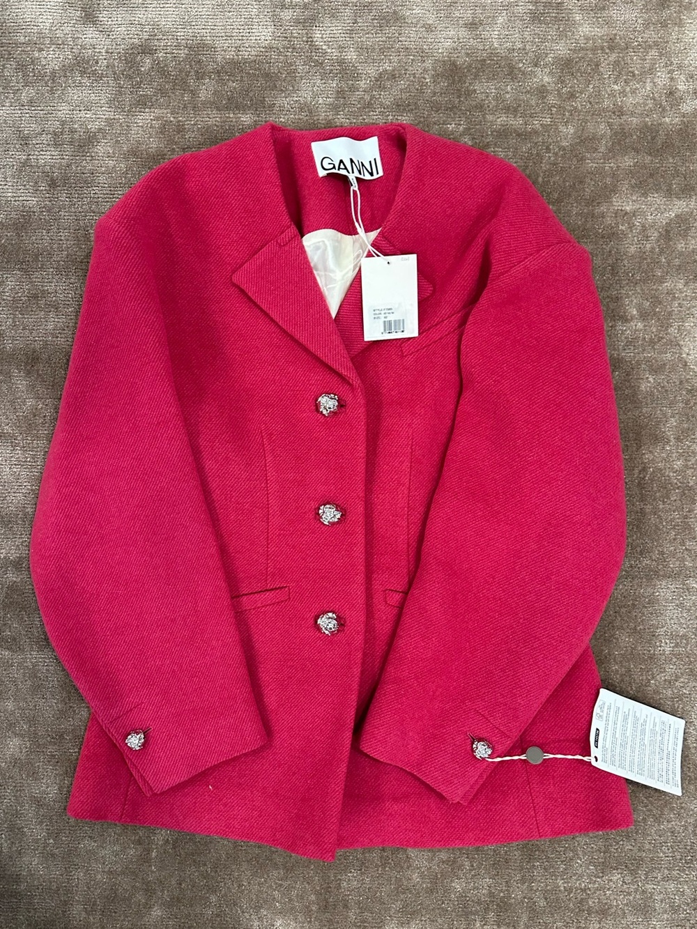 Ganni Hot Pink Tailored Wool-Blend Blazer NWT
